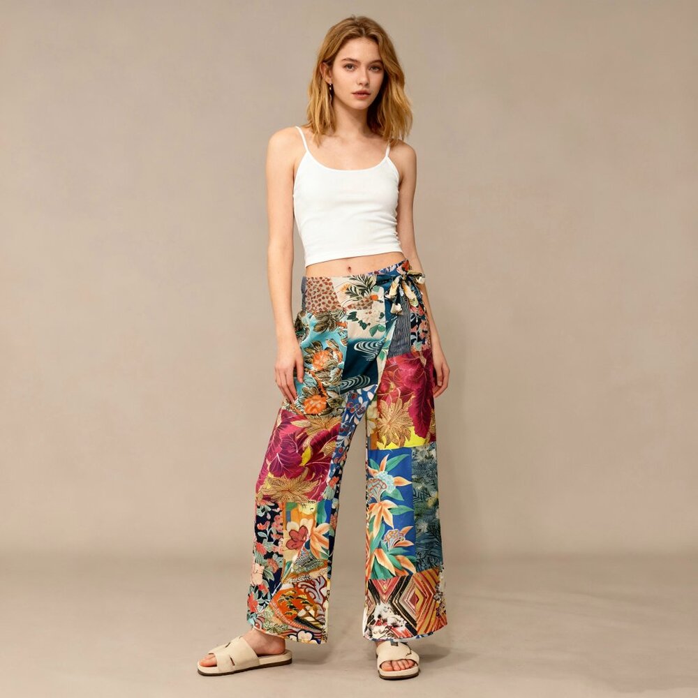 NWOT Johnny Was Soft Side Wrap Pants Womens Size L Multicolored Tropical Pull on